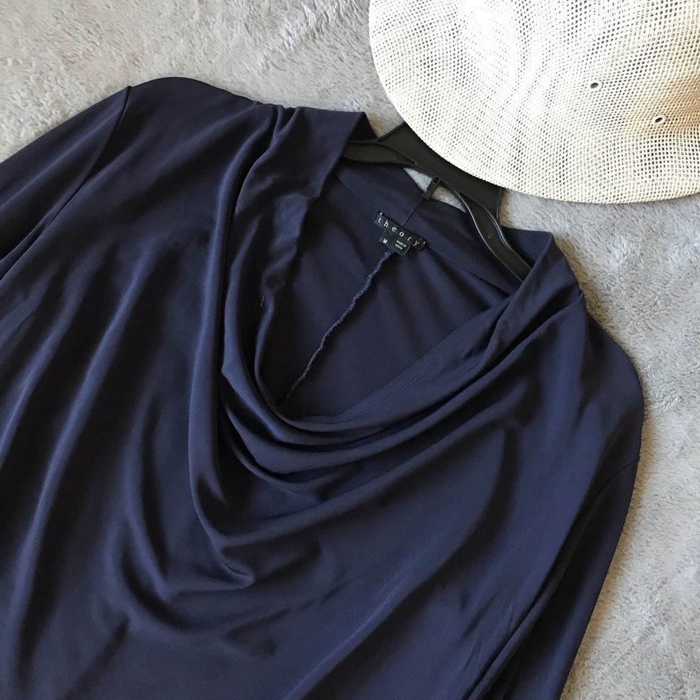 😡Theory Navy Blue Cowl Drape Neck Fitted Top Women’s Career Pull On Blouse
